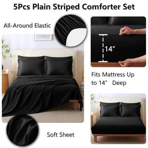 Image of CozyLux Twin XL Comforter Set Black - 5 Pieces Bed in a Bag, Modern Vertical Quilted Room Decor, Soft All-Season Bedding Gift with Comforter, Sheets, Pillowcase & Sham