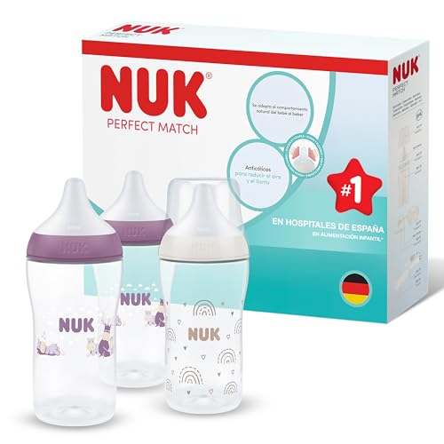 NUK Perfect Match Biberón | 3+ meses | 260 ml | Biberón anticólicos | PP | Indicador de control de temperatura | Arcoíris/Hipopótamo | 3 unidades