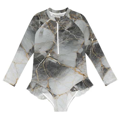 ALAZA Swimsuit for Girls Long Sleeve Rashguard Bathing Suit Marble Gray Quick Dry 4T