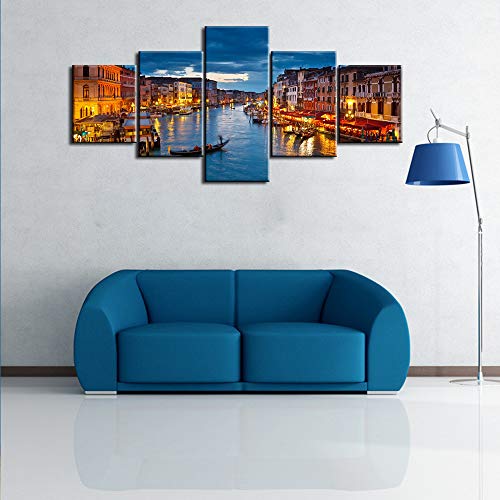 5 Panel Canvas Print Wall Art Painting For Home Decor View On Grand Canal At Night Venice Italy The Basilica Of St Mary Paintings Modern Giclee Stretched And Framed Artwork Ready To Hang - 50"W X 24"H #TOP2