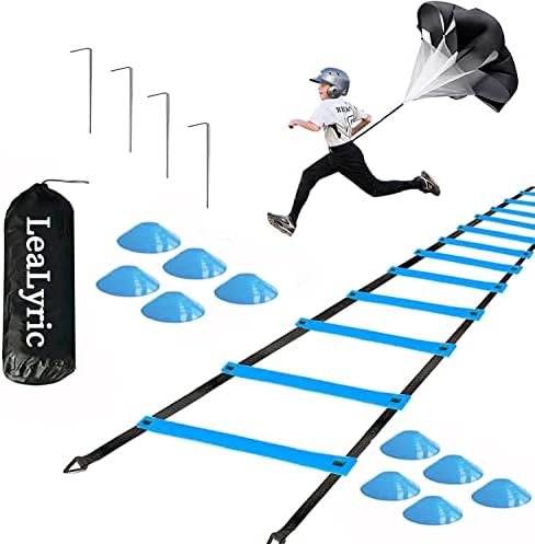 Lealyric Speed Agility Training Set for Working Out Includes Running Parachute,Adjustable Agility Ladder,Disc Cones,Steel Stake with Carrying Bag,Improve Your Speed and Balance-Blue 1