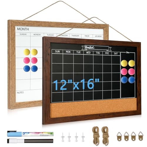 DOLLAR BOSS 2pcs Dry Erase Whiteboard & Chalkboard Cork Board Combo 16" x 12", Magnetic Monthly Calendar White Board and Chalk Board Set for Wall, Hanging Planning Bulletin Board for Wall