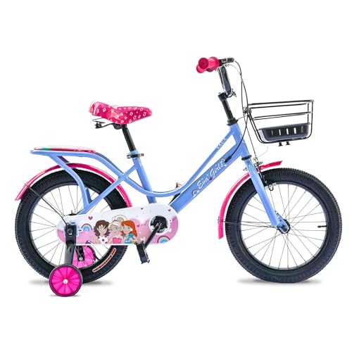 Vaux Eva Kids Road Bike With Basket for 2-10 Years Girls Adjustable Seat Handbrake Rear Seat Steel Cycle 12/16/ 20 Inch Bicycle with Training Wheels (14 Inch With Training Wheels Blue)
