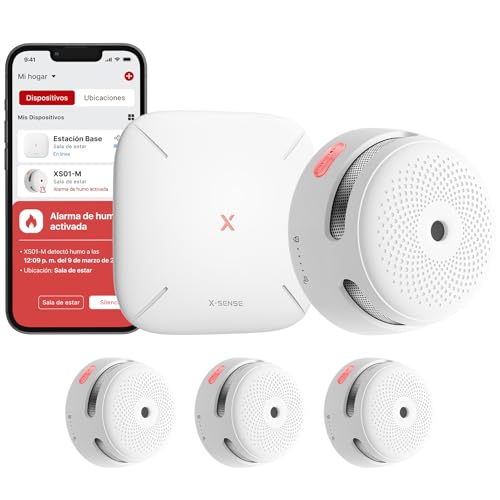 X-Sense Detector de Humo WiFi, Alarma de Incendio Inteligente con Notificaciones App y Silencio Remoto, Certificado EN 14604, 5 Años de Autonomía, Pila Sustituible, FS31 (3 Detectores y 1 Base)