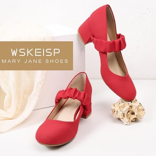 WSKEISP Mary Jane Dress Shoes for Women Closed Round Toe Chunky Low Heels Dressy Slip On Wedding Work Pumps Shoes Red | Image 5
