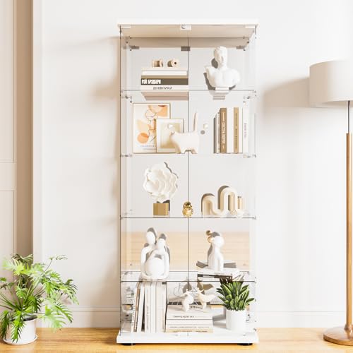 Darget Glass Display Cabinet 5-Shelf with Door, Lock and Mirror,4mm Tempered Glass Floor-to-Ceiling Glass Bookcase for Bedroom, Living Room, White