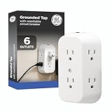 GE 6-Outlet Wall Tap, Reset Button, Circuit Breaker, Power Outlet Extender, Adapter Spaced Outlets, 3 Prong Plug, Grounded, UL Listed, White, 56575