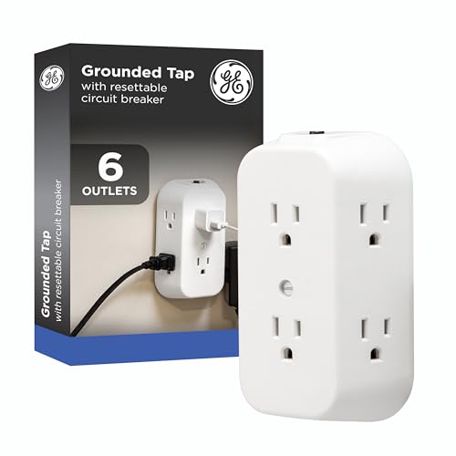 GE 6-Outlet Extender, Grounded Wall Tap, Reset Button, Circuit Breaker, Adapter Spaced Outlets, 3-Prong, Multiple Plug, Quick and Easy Install, Cruise Essentials, ETL Listed, White, 56575