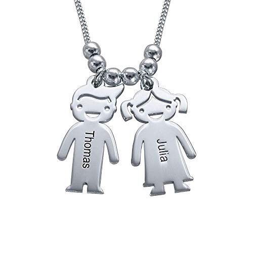 Handmade Boy Or Girl Engraved Charm Pendant Necklace In Sterling Silver 925 - Personalized Custom Made Child Children Charms Mother's Christmas Jewelry Gift For Her Mom Grandma (Sterling Silver) #TOP1