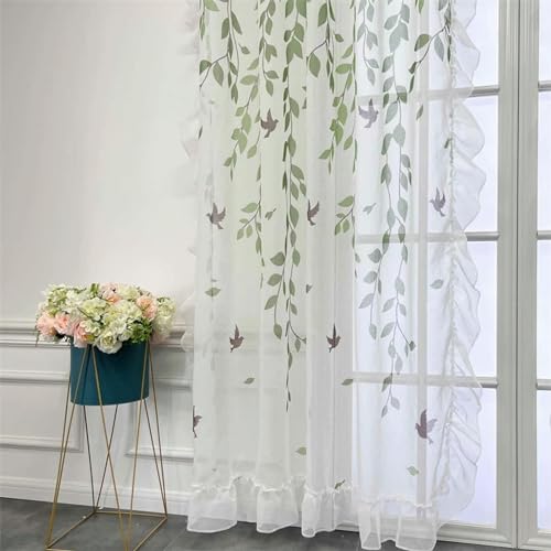 Cortinas de tul transparente con estampado verde que llenan de vida tu ventanal de gasa 5