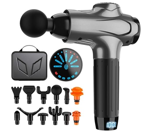 Massage Gun, Massage Gun Deep Tissue, 7 Speeds Quiet Cordless Handheld Muscle Massager with 12 Massage Heads, LCD Touch Screen, for Shoulder Body Back Relaxation (Grey)