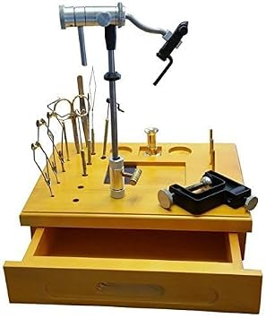 Wooden Fly Tying Station with Tools, 11.5" x 8.5" Hardwood Bench | Compact Fly Tying Organizer, For Beginners & Enthusiasts, Includes Vise Socket & Tool Holders, Bottle Slots & Drawer, Durable