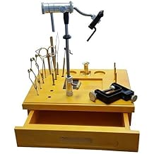 Wooden Fly Tying Station with Tools Compact Fly Tying Organizer for Beginners & Enthusiasts Includes Vise Socket, Tool Holders, Bottle Slots & Drawer Durable 11.5" x 8.5" Hardwood Bench