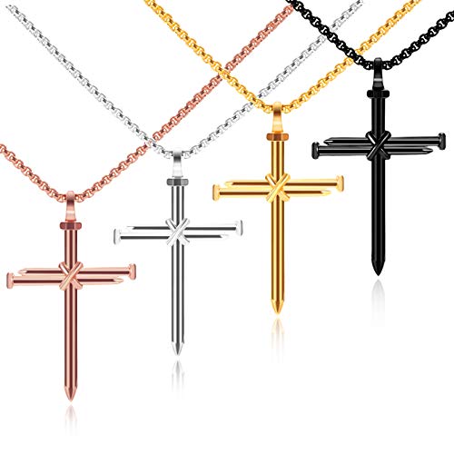 Nail Cross Necklace, 4PACK LE-SEKAI Simple Cross Necklace Plain Stainless Steel Cross Pendant Necklaces Fashion Christian Jewelry with 20