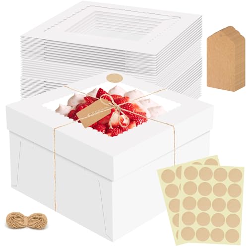 OSIMIG 16 Pcs Cake Boxes, 12x12x8 Inch White Bakery Boxes with Window, Large Square Cardboard 12 Inch Cake Box for Birthday Party, Wedding, Cajas Para Postres