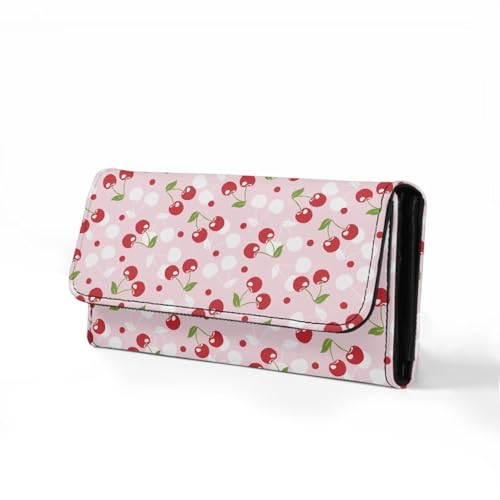 Image of AFPANQZ Womens Wallets, Leather Trifold Multi Card Holder Slots Wallet, Cherry Red Elegant Clutch Phone Holder Zip Inner Pocket Multi-Cards Slots Large Travel Wallet