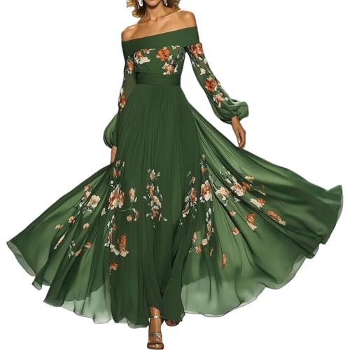 Women's Green Off-Shoulder Floral Print Long Sleeve Slim Fit A-Line Maxi Dress with Pleats Elegant Party Summer Dress