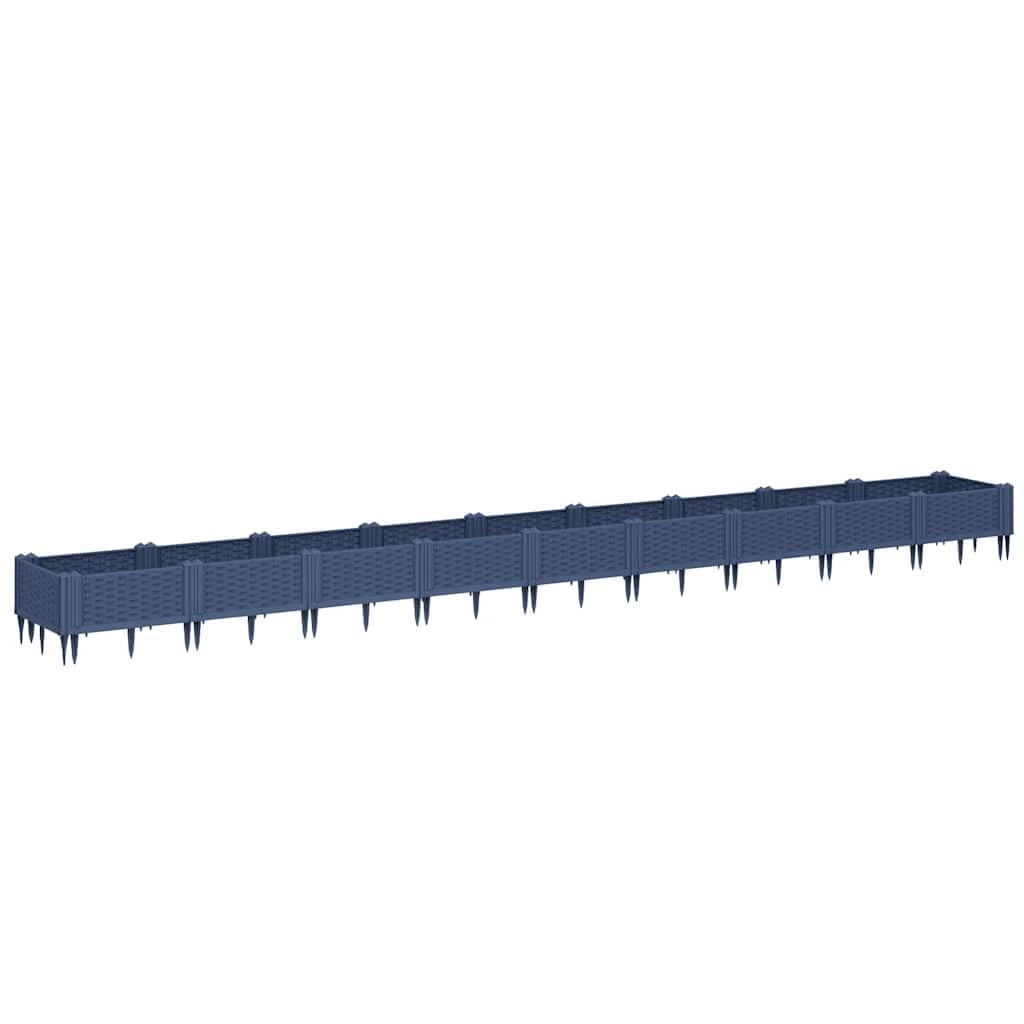 Skrzynka na rośliny z kołkami do wbijania w ziemię, niebiesko-szara, 362,5 x 42,5 x 28,5 cm, polipropylen (PP), modułowa konstrukcja, do ogrodu i na taras, trwała