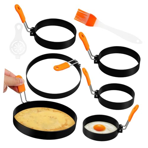 FUNOMOCYA 6 Pcs Stainless Steel Egg Rings Omelette Pancake with Brush Egg Separator Cakes Easy to Clean Kitchen Tools