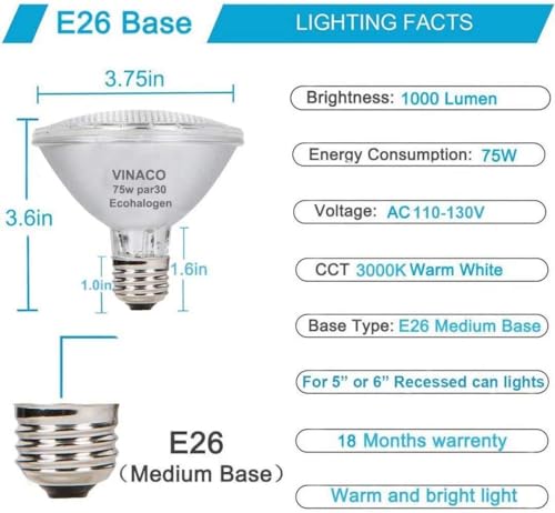 Image of Vinaco PAR30 Short Neck Flood Light Bulb 75W 120V E26 Base 3000K Dimmable