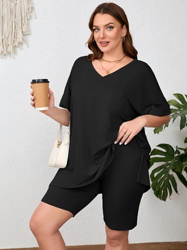 Image of AusLook Women's Plus Size 2 Piece Short Outfits Set Short Sleeve Tops and Shorts Pants Lounge Jogging outfits Matching Set
