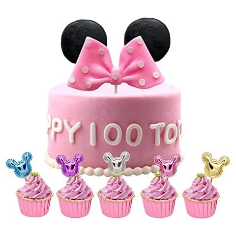 Mini Mouse Cake Topper, Unicorn Cake Topper with Eyelashes Reusable Gold Horn Mouse Cake Topper Pink Bow and Ears Party Supplies Decorations for Baby Girl Birthday Unicorn Mouse Cake Topper Cover
