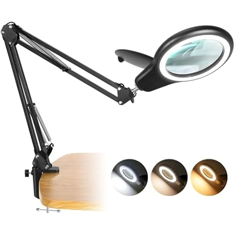 Magnifying Glass with Light and Stand, Real Glass LED Lighted Magnifier, 3 Color Modes Magnifying Lamp Stepless Dimmable, Adjustable Swing Arm Desk Lamp with Clamp for Reading Repair Crafts Cover