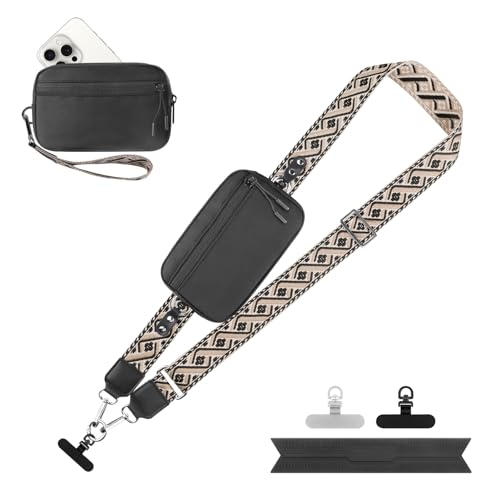 Image of YFWE Clip and Go Strap for Phone with Wallet Crossbody, Adjustable Phone Lanyard with Detachable RFID Wristlet Wallet, Pattern Strap - Black (L)