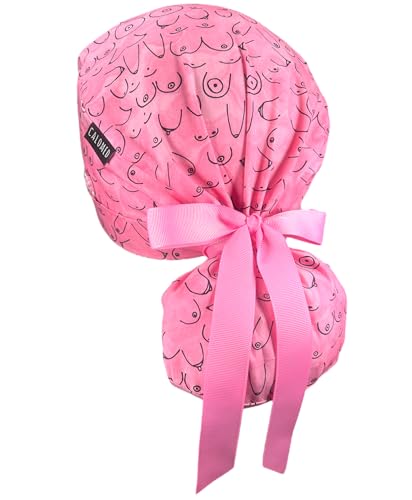 Image of Scrub Cap for Women and Men, Ponytail Scrub Caps, Working Hat, Head Cover with Ribbon Ties and Buttons, Long Hair