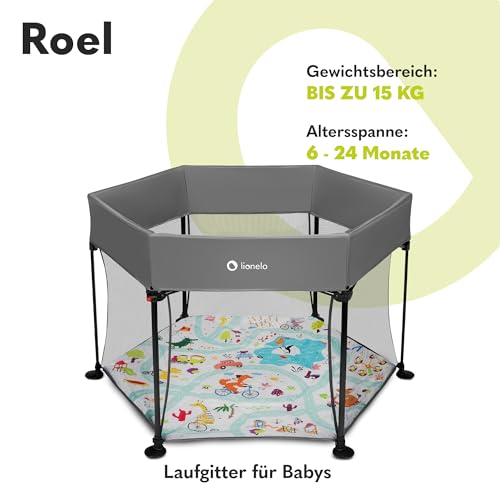 LIONELO Roel Laufstall Baby bis zu 15 kg, Großformat 118 x 118 x 83 cm, sechseckige Form, LockGuard Faltschloss, verstärkte Basis, rutschfeste Fußkappen, Schutztasche (Grau)