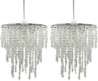 firstchoicelighting Pair of Modern 3 Tier Ceiling Light Shades Acrylic Jewels Clear Chandelier Pendants Easy Fit - No Wiring Required Modern Design