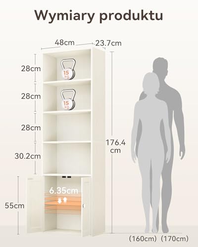 Coleshome 6-poziomowa biblioteczka z drzwiami i szafką, Wisząca na podłodze półka na książki do ekspozycji i przechowywania, Półki na książki do domu, biura, salonu, sypialni, Biały, 48x24x176.4