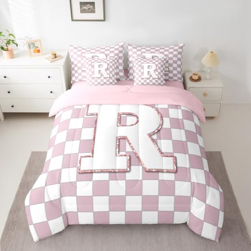 Image of Erosebridal Pink Initial R Queen Bed in A Bag 7 Piece Kawaii Plaid Checkered Comforter Set with Sheets Cute Personalized Monogram Bedding Sets for Kids Girls Teen Women,Fashion Grids Gingham Bed Set
