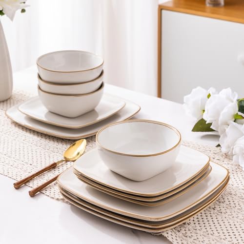 AmorArc Ceramic Dinnerware Sets for 4, 12 Pieces Square Handpainted Plates and Bowls Set, Chip and Scratch Resistant Stoneware Dishes Set, Dishwasher & Microwave Safe, Pearl White