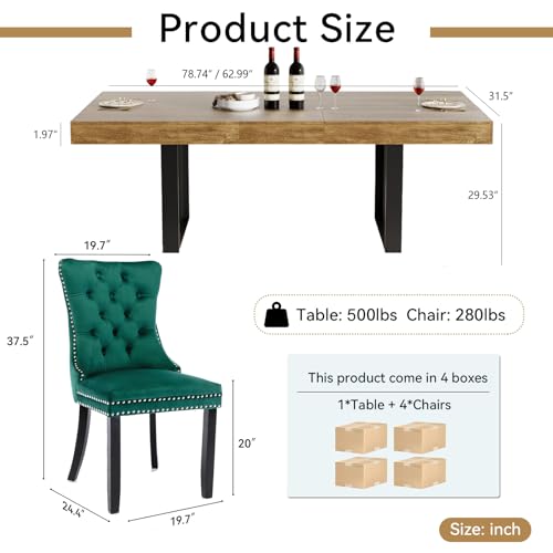 Image of Brown Dining Room Table Set for 4, 5-Piece 63 inch-78.74 inch Extendable Dining Table Set with 4 Upholstered Chairs, Rectangle Wooden Expanding Kitchen Table and Green Chairs Set