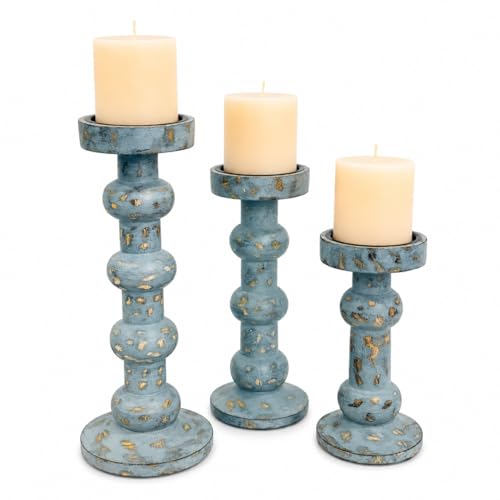 Wooden Candle Holders for Pillar Candles - Tall Rustic Candle Holder (Set of 3), Large Farmhouse Candle Holders Candle Stand, Pillar Candle Holder Set for Table Centerpiece, Fireplace, Home, Black