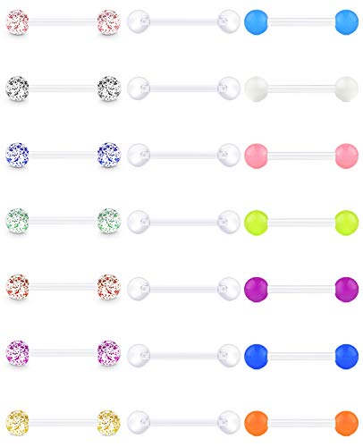 Vcmart 21 pièces Anneaux de Mamelon de Langue en Plastique Ensemble de Barres de retenue de Piercing Acrylique Bioflex Flexibles 12/14/16/18mm