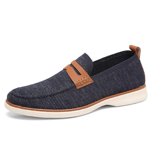 Image of Men's Knit Loafers Comfortable Round Toe Knitted Business Shoes Lightweight Casual Formal Slip On Flats Blue Size 10