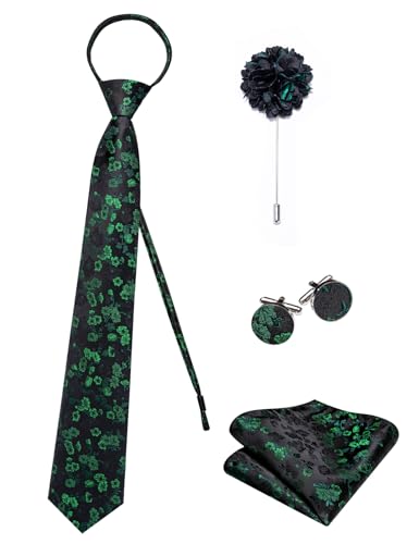 Image of Hi-Tie Zipper Green and Black Floral Ties for Men Adjustable Pre-Tied Necktie Lapel Pin Pocket Square Cufflinks Set