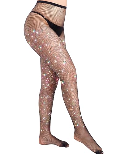 Fafulan Sparkly Tights Fishnet Stockings for Women, Glitter Rhinestone Tights Fish Net Stocking Mesh Pantyhose for Girls Night Party (Black)