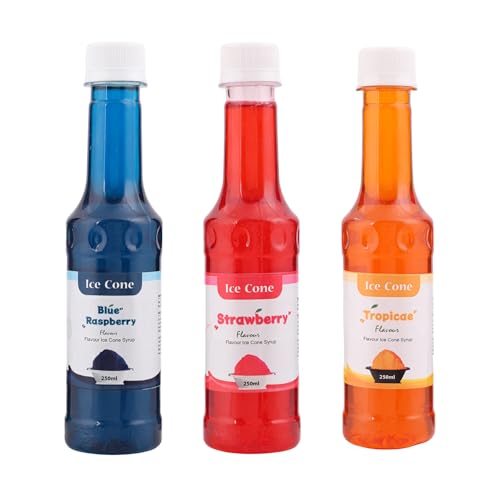 Jarabe para cono de hielo, jarabes de sabores populares mixtos, se puede usar con All Slush| Slushie Machines Frambuesa azul, fresa + jarabe de granizado tropical cada 250 ml (paquete de 3)