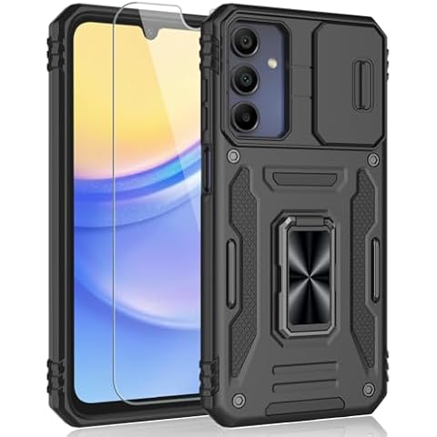 SYONER for Samsung Galaxy A15 5G Case, Shockproof Phone Case & Sliding Camera Cover & Ring Holder Kickstand with Screen Protector for Samsung Galaxy A15 5G (6.5", 2024) [Black] Cover