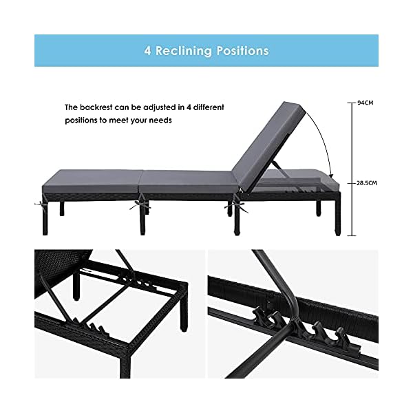 Rattan Sun Lounger, Reclining Lounger Bed with 4 Adjustable Backrest, 5cm Removable Cushion for Patio, Porch, Poolside and Garden - Image 4