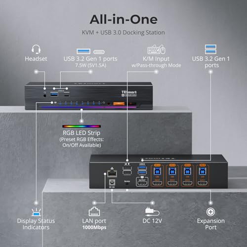 Image of TESmart 8K@60Hz HDMI KVM Switch 4 Computers 1 Monitor USB 3.0, 4 Port KVM 4K@144Hz for Gaming, 1G Ethernet, EDID Emulators, Hotkey Switch, ADI Chip, Audio & Microphone with All Input Cables