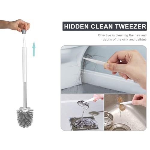 Image of Toilet Brush and Plunger Set with Holder Caddy and Tweezer - Features Plastic Handles and The Lower Parts Covering by Stainless Steel Sheets for Heavy Duty Performance,Hygienic,Clearing Tough Clogs.