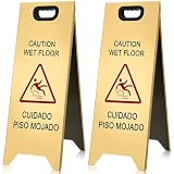 MorningRo 2 Pcs 24 Inch Stainless Steel Wet Floor Sign, Gold Heavy Duty Caution Wet Floor Sign Double Sided Portable Foldable Bilingual Safety Warning for Restaurant Restroom Office Avoid Fall
