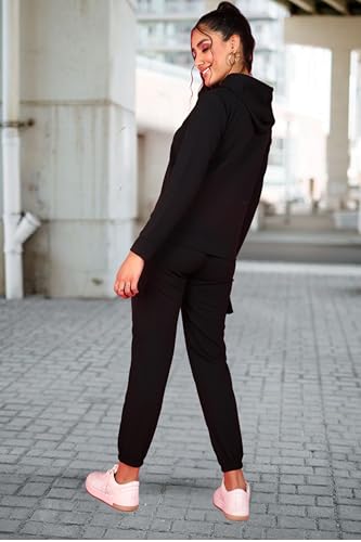 Image of POPWINGS Casual Self Design Solid Sweatshirt and Joggers Co-Ords Set for Women | Trendy Stylish Top and Bottom Set for Women | Women Hooded Sweatshirt and Joggers Set | Women Co Ords Set Summer Wear