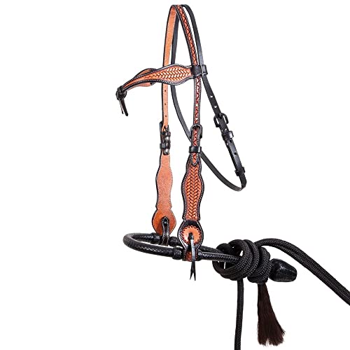 Schneiders Double S Tooled Browband Bosal Set | Complete Equestrian Set | 2-Tone Tooled Design | Adjustable Bridle | Soft Leather-Wrapped Bosal | Quality Poly Rope Mecate