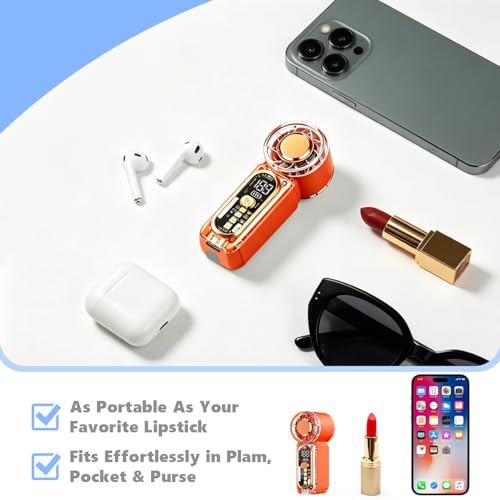 Image of Portable Handheld Mini Fan, Hand Held fans with 1-100 Speeds & Digital Display, 22000RPM Turbo Pocket Fan, USB-C Rechargeable Personal Small Fan with Emergency LED Light for Travel, Makeup, Orange
