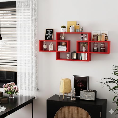 Image of Wooden Wall Shelves for Living Room, Bedroom Wall Mounted Rectangle Bookcase, Intersecting Wall Shelves for Storage Modern Decorative Display Shelves for Wall Decor (Red)
